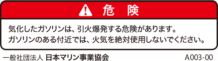 危険：気化したガソリンは、引火爆発する危険があります。ガソリンのある付近では、火気を絶対使用しないでください。